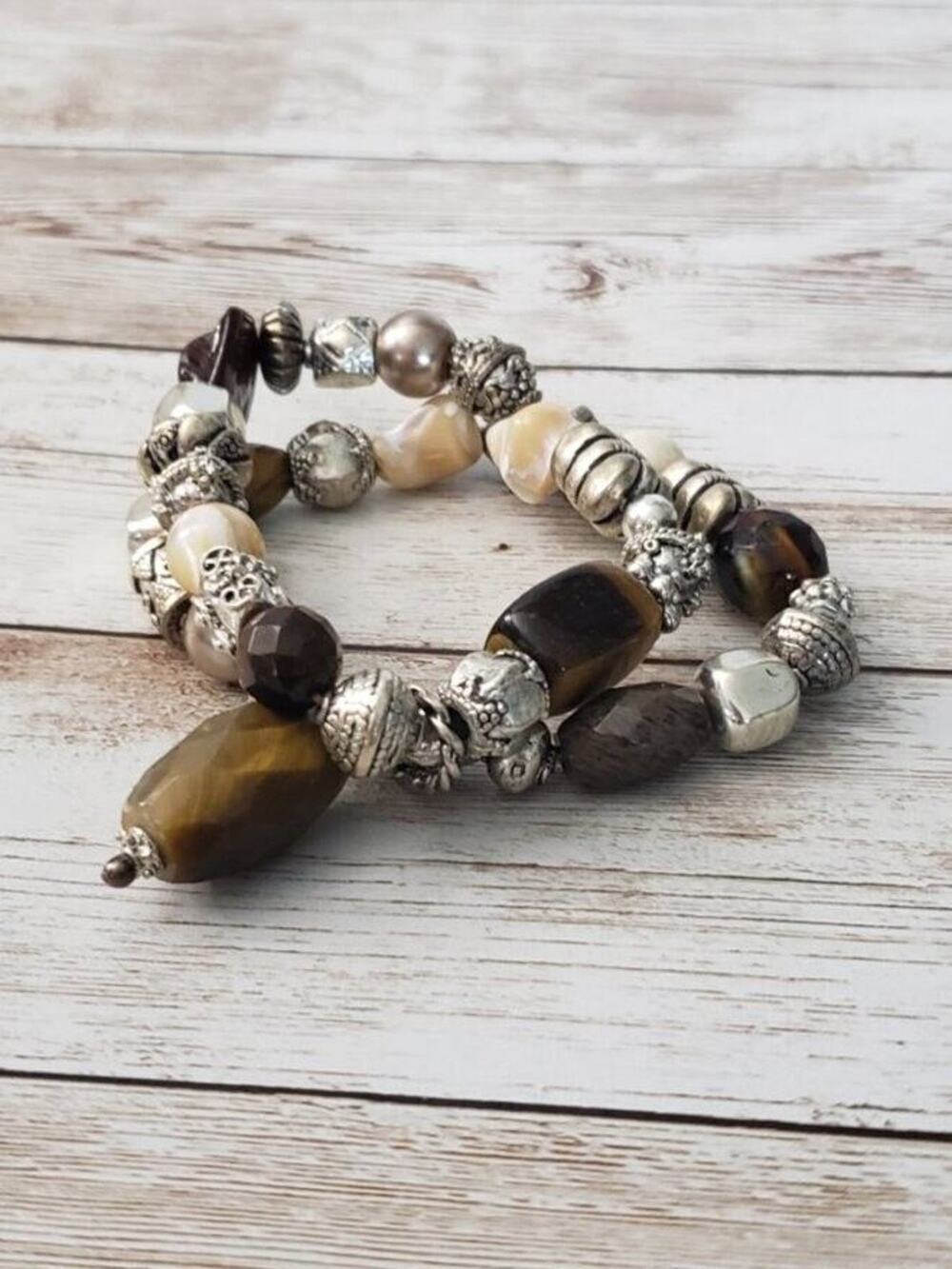Vintage Bracelet Brown and Silver Tone Two Strand Stretch Bracelet